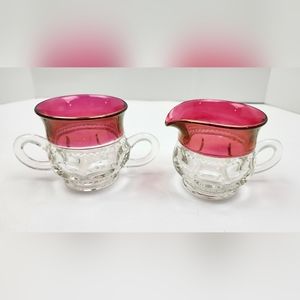 Vintage Indiana Glass Kings Crown Thumbprint Ruby Sugar and Creamer Set.